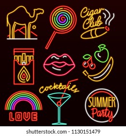 Set of fashion neon sign. Glowing light banner. Night bright signboard. Summer logo, emblem. Club Bar concept on dark background. Editable vector. Cigarette Lollipop Cocktail Rainbow Label Love Camel.