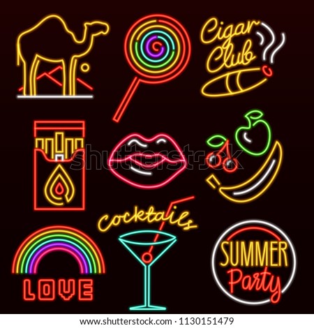 Set of fashion neon sign. Glowing light banner. Night bright signboard. Summer logo, emblem. Club Bar concept on dark background. Editable vector. Cigarette Lollipop Cocktail Rainbow Label Love Camel.