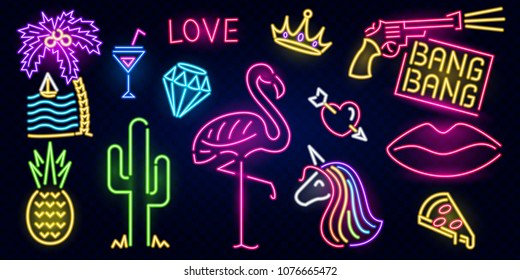 Set of fashion neon sign. Night bright signboard, Glowing light banner. Summer logo, emblem. Club or bar concept on dark background. Editable vector. Pink Flamingo cactus lips pizza cocktail pineapple - Shutterstock ID 1076665472