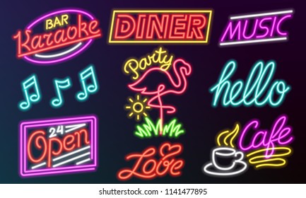 Set of fashion neon sign. Night bright signboard, Glowing light banner. Summer logo, emblem. Club or bar on dark background. Editable vector. Coffee Hello Love Open Karaoke Music Flamingo Party Dinner