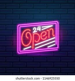Set of fashion neon sign. Night bright signboard Open, Glowing light banner. Summer logo, emblem. Club or bar on dark background. Editable vector.