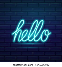 Set of fashion neon sign. Night bright signboard Hello, Glowing light banner. Summer logo, emblem. Club or bar on dark background. Editable vector.