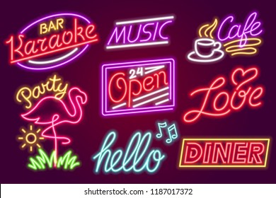 Set of fashion neon sign. Night bright signboard, Glowing light banner. Summer logo, emblem. Club or bar on dark background. Editable vector. Pink Coffee Hello Love Open Karaoke Music Flamingo Party