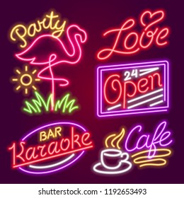 Set of fashion neon sign. Night bright signboard, Glowing light banner. Summer logo, emblem. Club or bar on dark background. Editable vector. Pink Coffee Hello Love Open Karaoke Music Flamingo Party