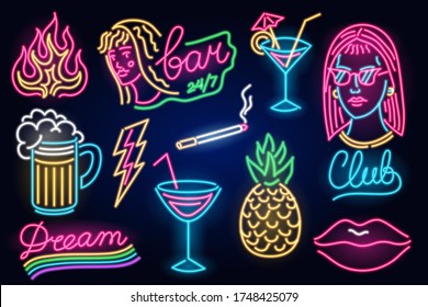 Set Of Fashion Neon Sign. Night Light Signboard, Glowing Light Banner. Summer Emblem. Club Bar Logo On Dark Background. Flames Beer Cigarette Lips Cocktail Pineapple. Editable Pink Girl In Glasses.