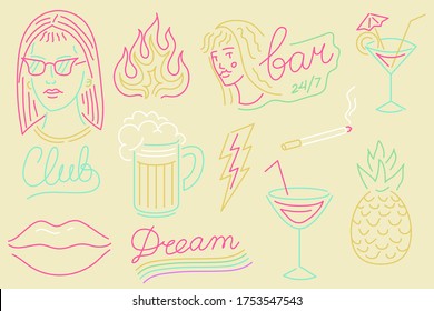 Set of fashion neon sign. Night light signboard, Glowing banner. Summer emblem. Club Bar logo on dark background. Flames beer cigarette lips cocktail pineapple. Editable Pink Girl in glasses.