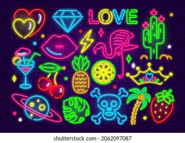 Set of fashion neon sign. Night bright signboard, Glowing light banner. Neon isolated icon, emblem. Patch badges and pins with cartoon characters, food and things.