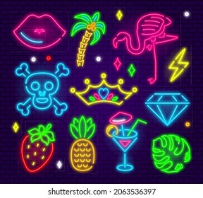 Set Of Fashion Neon Sign. Night Bright Signboard, Glowing Light Banner. Neon Isolated Icon, Emblem. Patch Badges And Pins With Cartoon Characters, Food And Things.