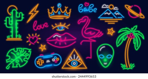 Set of fashion neon sign. Night bright signboard, Glowing light banner. Summer logo, emblem. Club or bar concept on dark background. Editable vector. Flamingo, cactus, lips, game console, palm tree