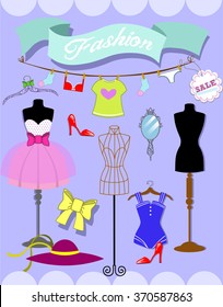 Set of fashion objects, woman accessories. Vector illustration.