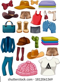 Set of fashion outfits and accessories on white background illustration
