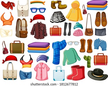 Set of fashion outfits and accessories on white background illustration