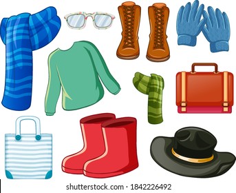 Set of fashion outfits and accessories on white background illustration