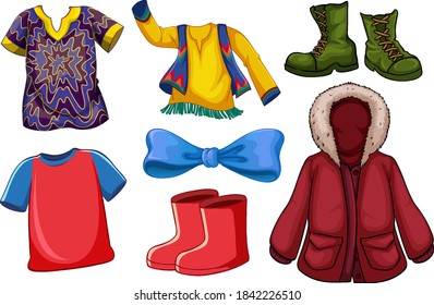 Set of fashion outfits and accessories on white background illustration