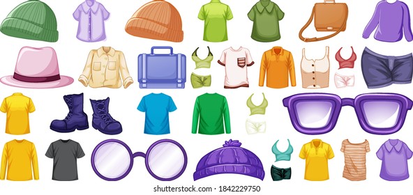 Set of fashion outfits and accessories on white background illustration
