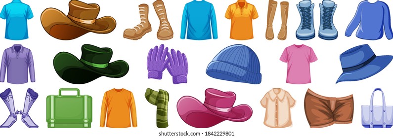 Set of fashion outfits and accessories on white background illustration