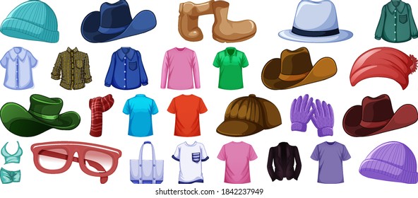 Set of fashion outfits and accessories on white background illustration