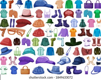 Set of fashion outfits and accessories on white background illustration