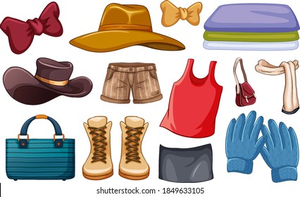 Set of fashion outfits and accessories on white background illustration
