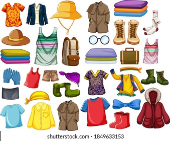Set of fashion outfits and accessories on white background illustration
