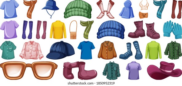 Set of fashion outfits and accessories on white background illustration