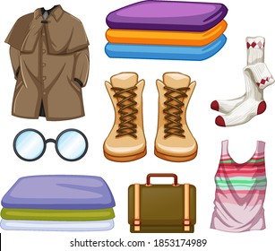 Set of fashion outfits and accessories on white background illustration