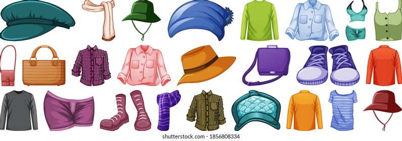 Set of fashion outfits and accessories on white background illustration