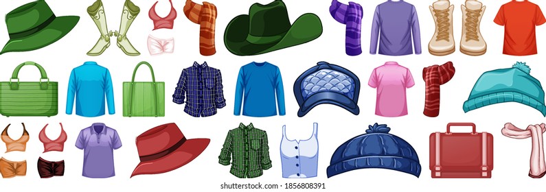 Set of fashion outfits and accessories on white background illustration