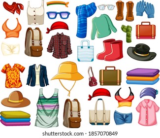 Set of fashion outfits and accessories on white background illustration