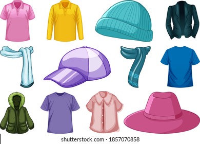 Set of fashion outfits and accessories on white background illustration