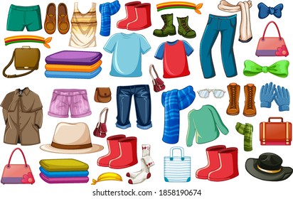 Set of fashion outfits and accessories on white background illustration