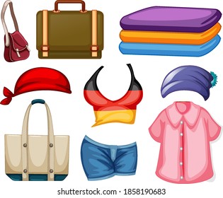 Set of fashion outfits and accessories on white background illustration
