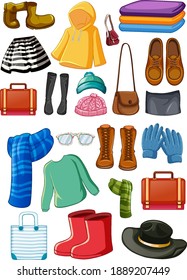 Set of fashion outfits and accessories on white background illustration