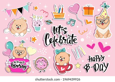 Set of fashion patch badges with cartoon spitz dogs and cake for birthday. Flat style vector illustration