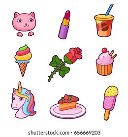 Set of fashion patch badges. Cat, unicorn, ice cream, cake, maffyn, rose, lipstick and other elements. Comic book style vector stickers, pins, patches,  illustrations
