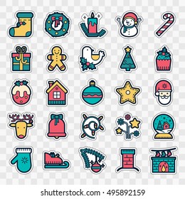 Set of Fashion patch badges with  christmas elements -  deer, wreath, snowman, Santa Claus, bell and other. Perfect xmas design for stickers, pins, patches. Vector illustration.