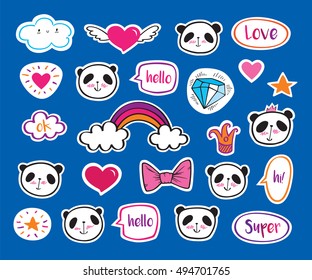 Set of fashion patch badges with cute pandas, hearts, stars and bubbles. Stickers, pins, patches. Doodles, sketch for your design. Hand drawing. Vector illustration.