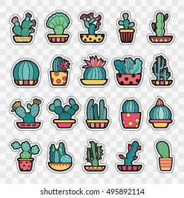 Set of Fashion patch badges with cute succulents and cactus in pot. Perfect design for stickers, pins, embroidery patches. Vector illustration.