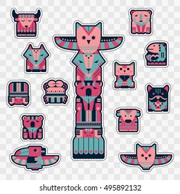 Set of Fashion patch badges with cute totems animals - cat, dog, owl, toucan. Perfect design for stickers, pins, embroidery patches. Vector illustration.