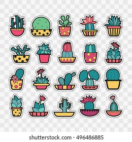 Set of Fashion patch badges with cute succulents and cactus in pot. Perfect design for stickers, pins, embroidery patches. Vector illustration isolated.