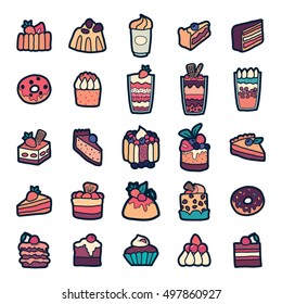 Set of Fashion patch badges with cute sweets - ice cream, pudding, donut, cake, cheesecake. Perfect design for stickers, pins, embroidery patches. Vector illustration isolated on white background.