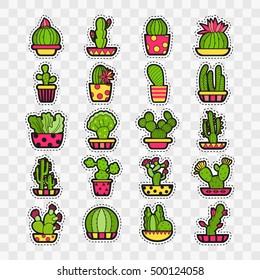 Set of Fashion patch badges with cute succulents and cactus in pot. Perfect design for stickers, pins, embroidery patches. Vector illustration.