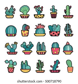 Set of Fashion patch badges with cute succulents and cactus in pot. Perfect design for stickers, pins, embroidery patches. Vector illustration isolated on white background.