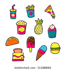 Set of Fashion patch badges with cute elements - cocktail, pineapple, pizza, cakes. Design for stickers, pins, embroidery patches. Vector illustration isolated on white background.
