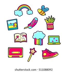 Set of Fashion patch badges with cute elements - rainbow, photo, pen, book, unicorn, bee, magic wand. Design for stickers, pins, embroidery patches. Vector illustration isolated on white background.