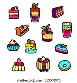 Set of Fashion patch badges with cute sweets - ice cream, pudding, donut, cake, cheesecake. Perfect design for stickers, pins, embroidery patches. Vector illustration isolated on white background.