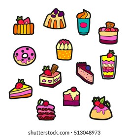 Set of Fashion patch badges with cute sweets - ice cream, pudding, donut, cake, cheesecake. Perfect design for stickers, pins, embroidery patches. Vector illustration isolated on white background.