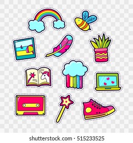 Set of Fashion patch badges with cute elements - rainbow, photo, pen, book, unicorn, bee, magic wand. Design for stickers, pins, embroidery patches. Vector illustration.