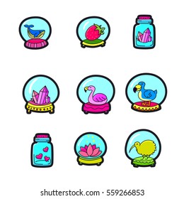 Set of Fashion patch badges with cute elements. Perfect design for stickers, pins, embroidery patches. Vector illustration isolated on white background.