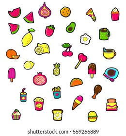Set of Fashion patch badges with cute elements - cocktail, pineapple, pizza, cakes, fruit. Design for stickers, pins, embroidery patches. Vector illustration isolated on white background.
